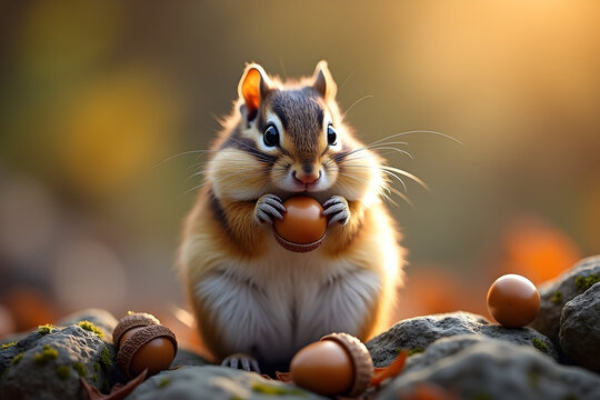 A charming plump chipmunk with its fluffy fur holding an acorn in a whimsical autumn forest setting - Powered by Adobe