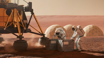 Astronauts unloading supplies on mars next to a lunar module