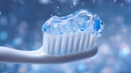 Macro Closeup of Toothbrush with Blue Toothpaste Gel and Refreshing Water Bubbles