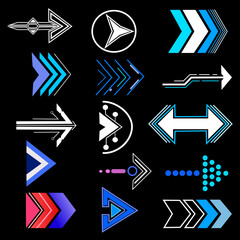set of arrows st of holographic arrows,tech and science thame, futuristic interface hud design elements.