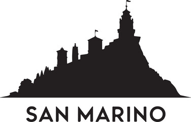 Black Silhouette of San Marino Skyline with Guaita Tower and Fortress Outline