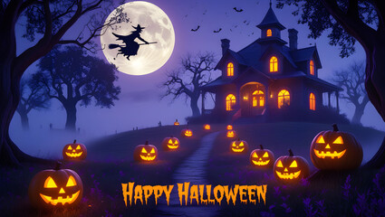 Spooky Halloween Scene with Witch and Haunted House