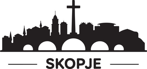 Black Silhouette of Skopje Skyline with Millennium Cross and Stone Bridge