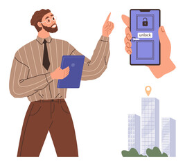 Bearded man holding a tablet, gesturing toward a smartphone with unlock function, next to city buildings and location marker. Ideal for technology, security, navigation, smart cities, mobile apps
