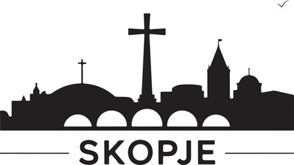 Black Silhouette of Skopje Skyline with Millennium Cross and Stone Bridge