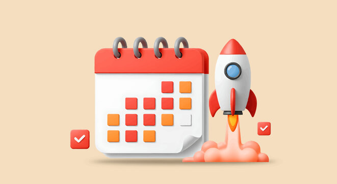 A 3D rendered calendar and rocket launching, symbolizing project planning and timely execution.