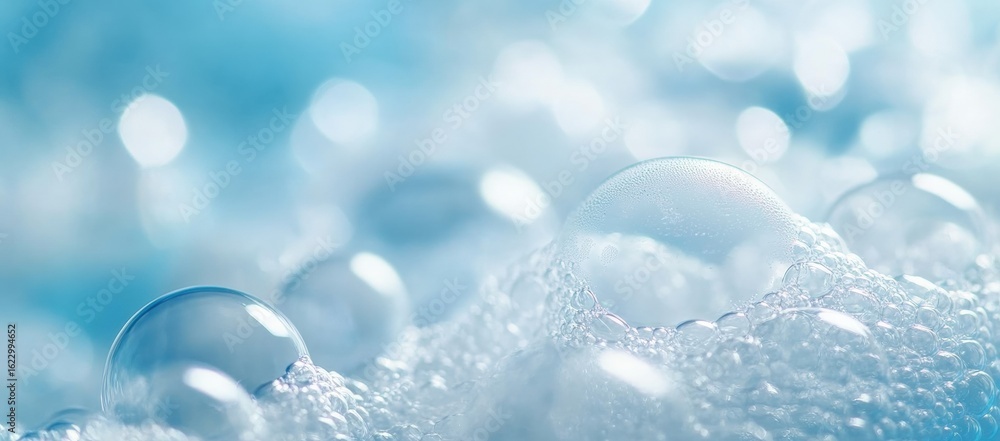 Poster close-up of shimmering bubbles atop foam, creating a tranquil and refreshing atmosphere with soft bl