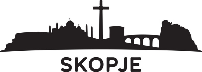 Black Silhouette of Skopje Skyline with Millennium Cross and Stone Bridge