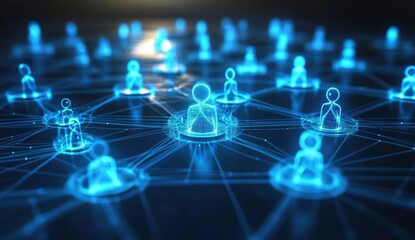 A digital network visualization featuring interconnected human figures represented in blue, symbolizing connectivity and communication in technology.