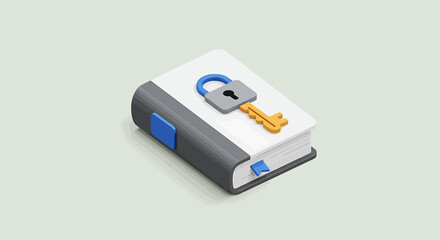 A 3D rendered book with a lock and key, symbolizing security.