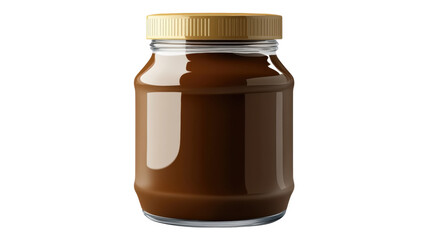 Rich chocolate spread in a glass jar on an transparent background