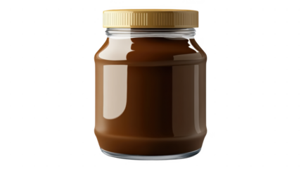 Rich chocolate spread in a glass jar on an transparent background
