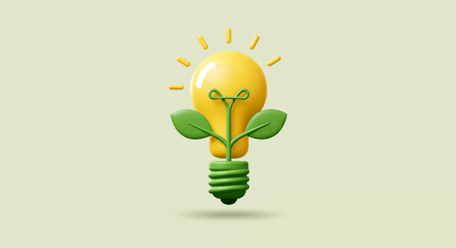 A vibrant 3D illustration depicting a lightbulb sprouting green leaves, symbolizing new ideas.