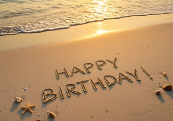Happy Birthday message written in the sand on a beach at sunrise