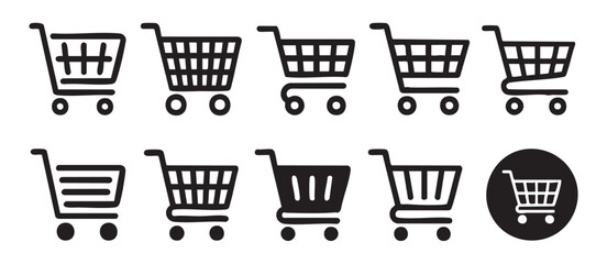 Black and white shopping cart icons in various styles and a circular icon trolley supermarket