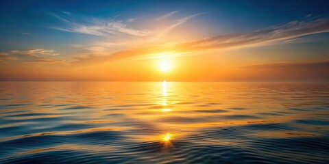Obraz premium Serene Sunset over Calm Ocean Waters, Golden Hues Reflecting on Gentle Waves, Peaceful Atmosphere