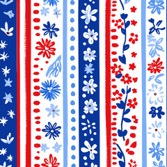 Colorful floral pattern design with blue and red stripes  