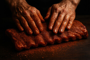 Culinary Preparation: Close-up shot of hands expertly seasoning a raw rack of ribs, highlighting the artistry of food preparation with warmth and depth.