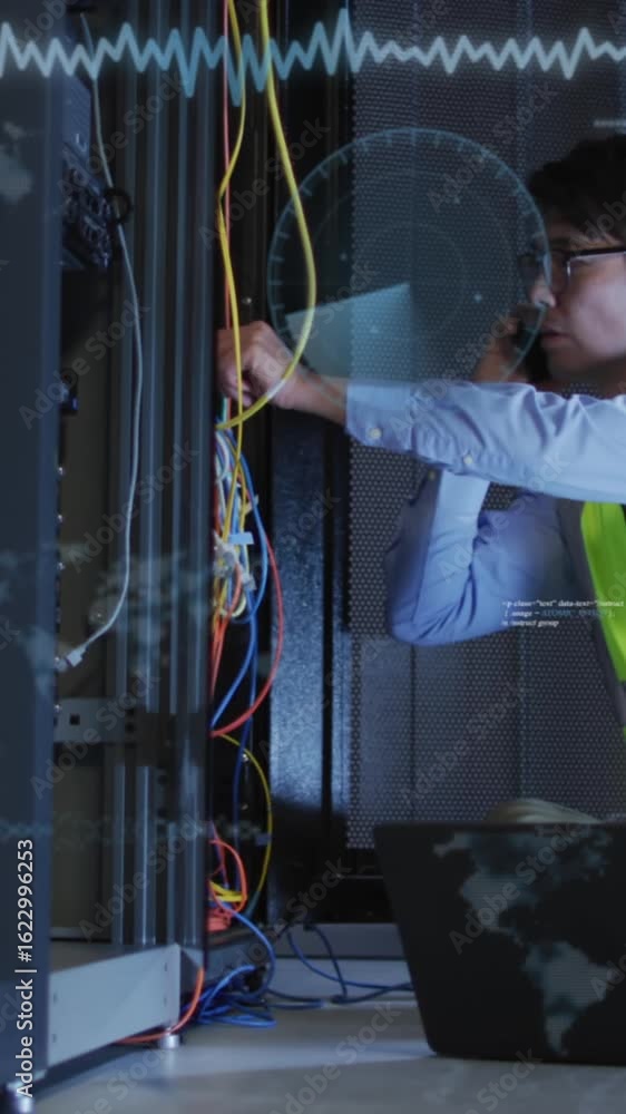 Poster animation of data processing over asian male engineer talking on smartphone at computer server room