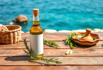 Obraz premium Rustic wooden table, olive oil bottle, white label, rosemary sprig, ceramic dish, Mediterranean sea view, cooking, healthy