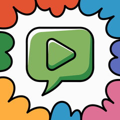 Naklejka premium Play button in speech bubble amid colorful shapes offers a dynamic visual communication tool