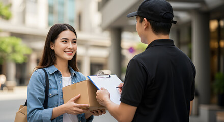 Happy customer receives package from friendly delivery man in city; excellent service, fast shipping, secure delivery, reliable courier.