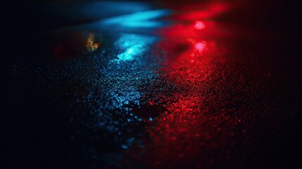 Dramatic blue and red light reflections on wet pavement in an atmospheric urban night scene.