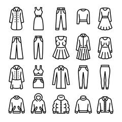 Fototapeta premium Clothing icons set vector illustration of various garment types including dresses shirts pants jackets and tops fashion apparel and wardrobe collection
