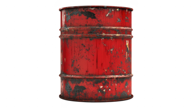 Rusty red barrel against an transparent background with visible wear and tear