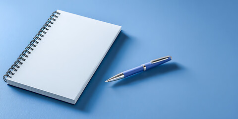 Spiral notebook with pen on blue background stationery flat lay office supplies

