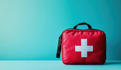 A bright red first aid kit with a white cross symbol, placed on a turquoise background, symbolizing health and safety.