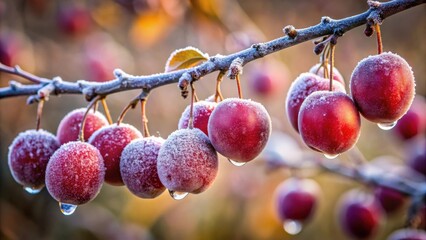 Frost-Covered Red Fruits Hanging on a Branch in the Early Morning Sun