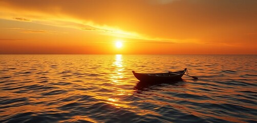 Golden sunset reflecting on rippling sea, single rowboat, horizon, tranquil