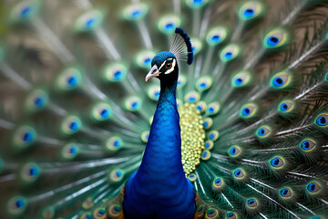 Naklejka premium A Majestic Peacock Displaying its Stunning Plumage in a Photorealistic and Vibrant Presentation