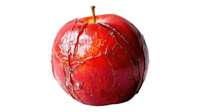 Cracked red apple on transparent background representing imperfection and beauty