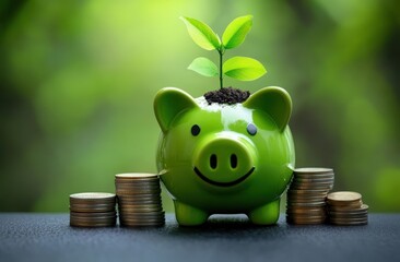 A cheerful green piggy bank with a sprouting plant symbolizes growth and savings, surrounded by stacks of coins in a lush, blurred background.