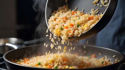 Steaming Vegetable Fried Rice: Delicious Food Preparation in Professional Kitchen