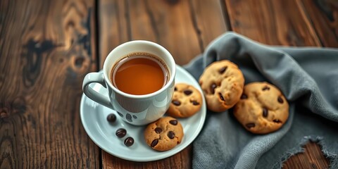Obraz premium Warm cup of coffee beside tea cookies on rustic wood, beverage, vintage