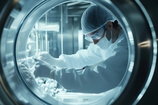Medical researcher carefully handling experimental medication inside a sterile laboratory using a pass through chamber