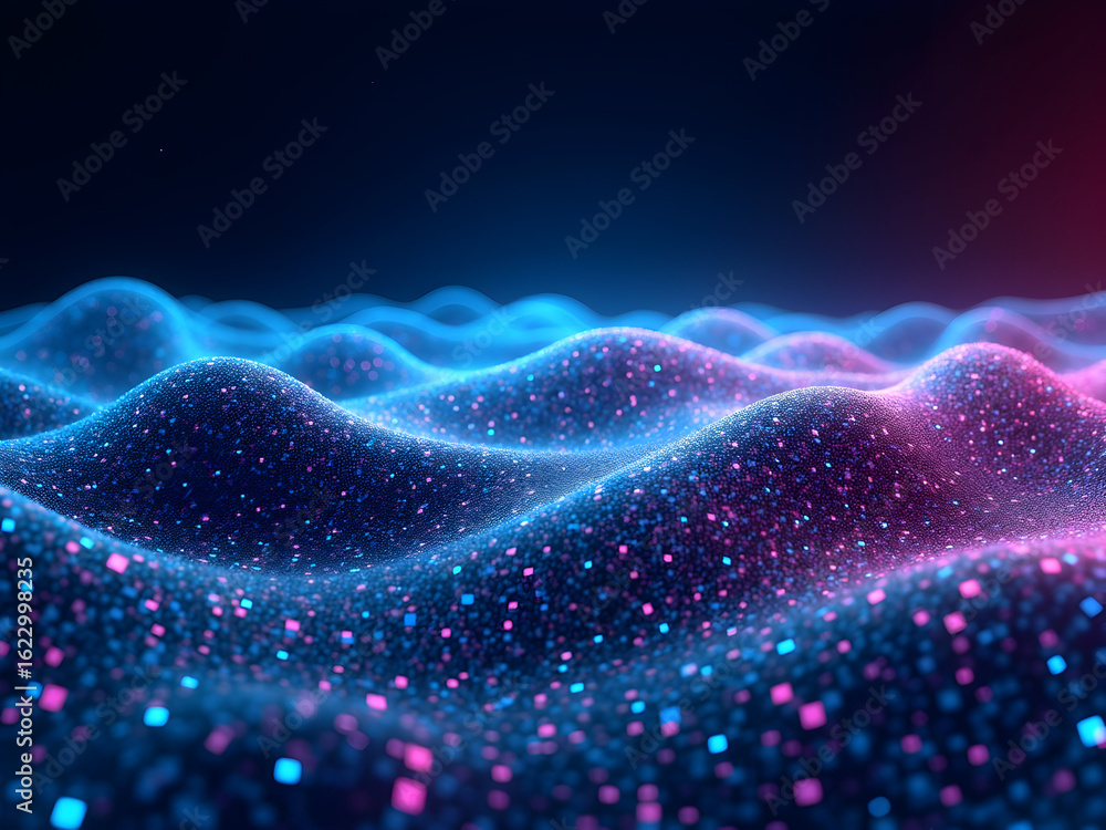 Poster a mesmerizing display of vibrant blue and pink pixel art forming a wavy grid pattern with high contr