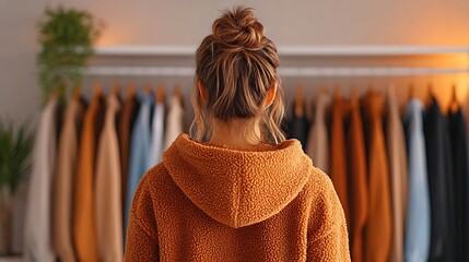 Woman in orange hoodie shopping clothes, back view in warm inviting setting