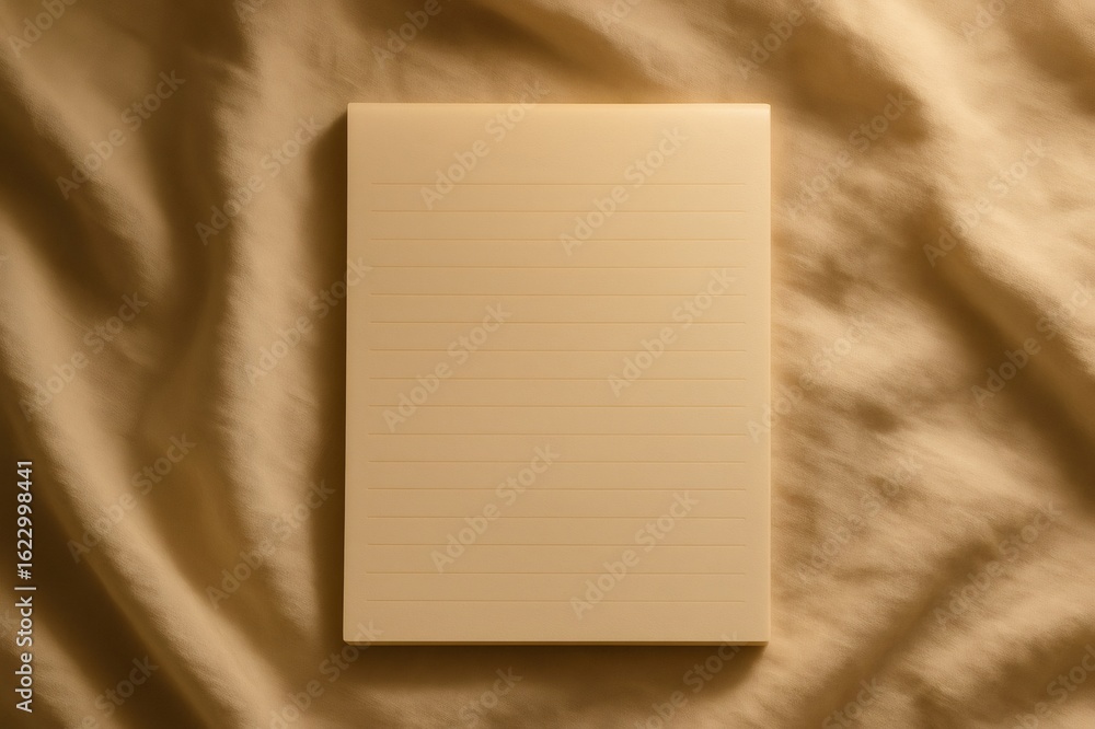 Poster empty notepad resting on soft beige linen, inviting writers and note takers to capture their creativ