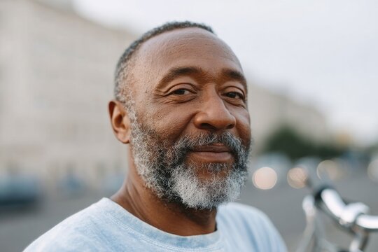 Smiling man with beard stands outdoors, exuding warmth and confi