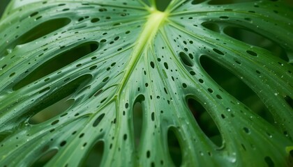 Obraz premium Macro view of a Monstera deliciosa leaf surface, perforated patterns with central veins, vibrant green color.