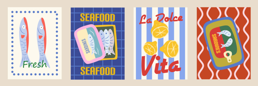 Food posters. Hand drawn kitchen frame banner. Creative wall art with lemon, fish, sardines can for cafe or restaurant menu. La dolce vita decor. Cartoon vector illustration creative set collection.