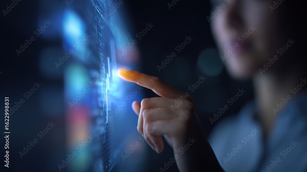 Poster interface interaction: a close-up shot features a person interacting with a futuristic digital inter