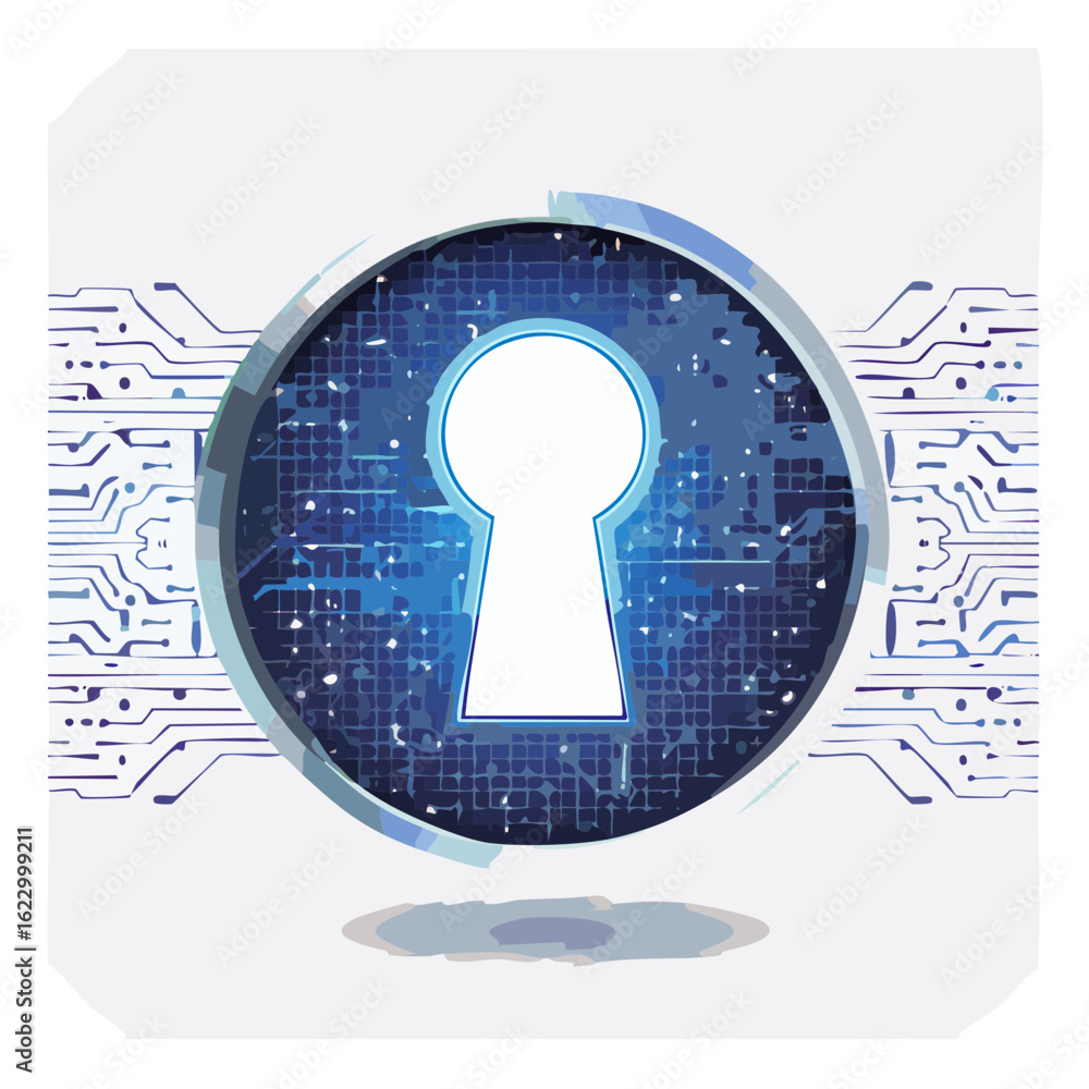 Poster keyhole security icon with circuit board pattern, depicting digital safety and cybersecurity technol