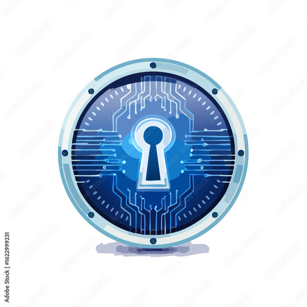 Poster security shield with keyhole and digital circuit lines depicts cyber protection.