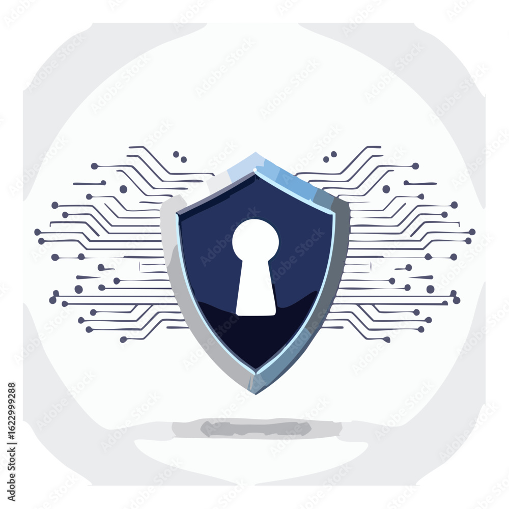 Poster cybersecurity shield with keyhole symbol and electronic circuitry background