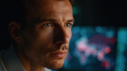 Focused: A man meticulously studies a display, absorbed in deep concentration, the screen reflecting complex data and strategic insights.